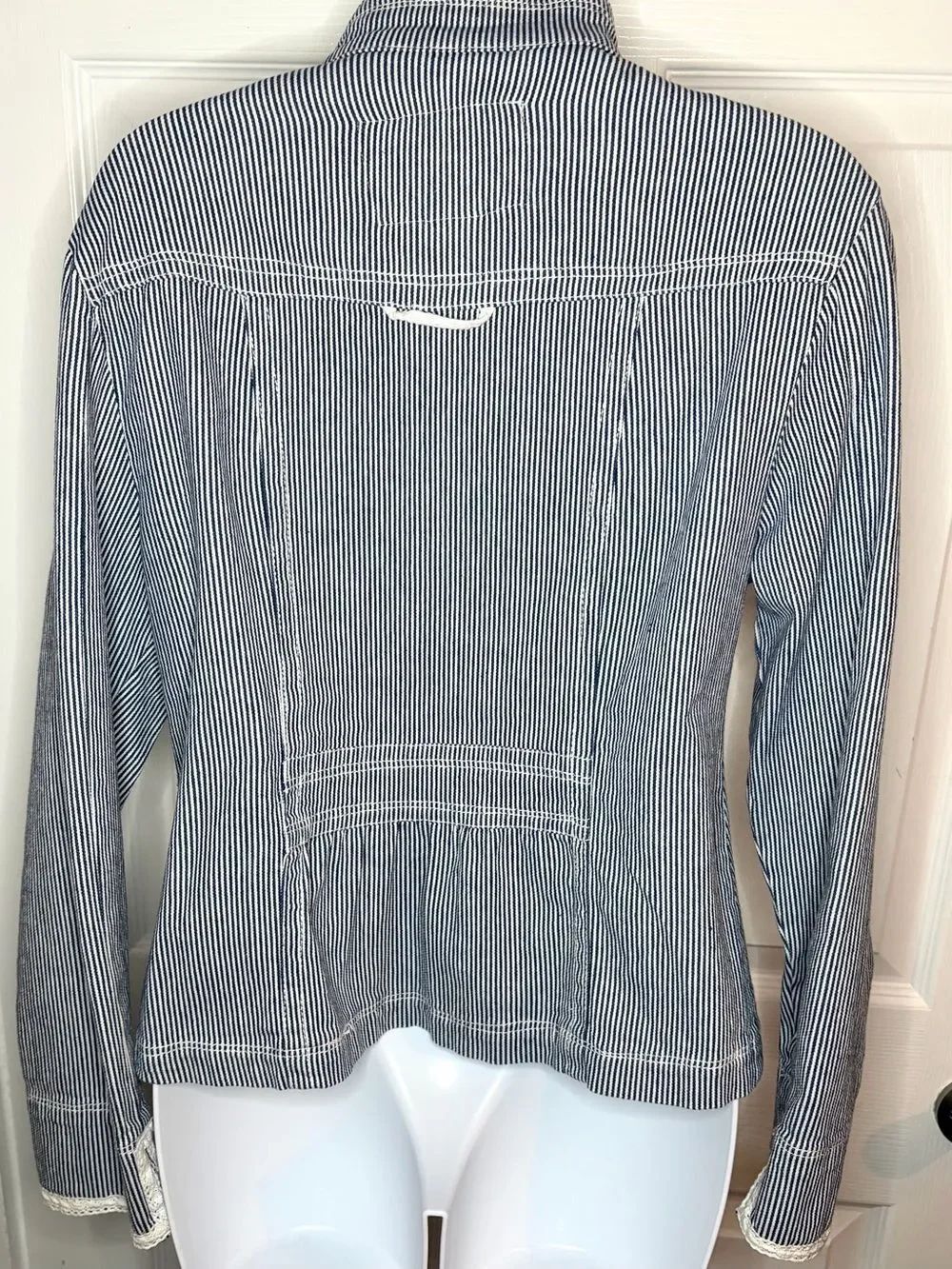 Y2K Ami Blue Striped Cotton Denim Jacket Blazer Pocket Lace Details S - Picture 6 of 9